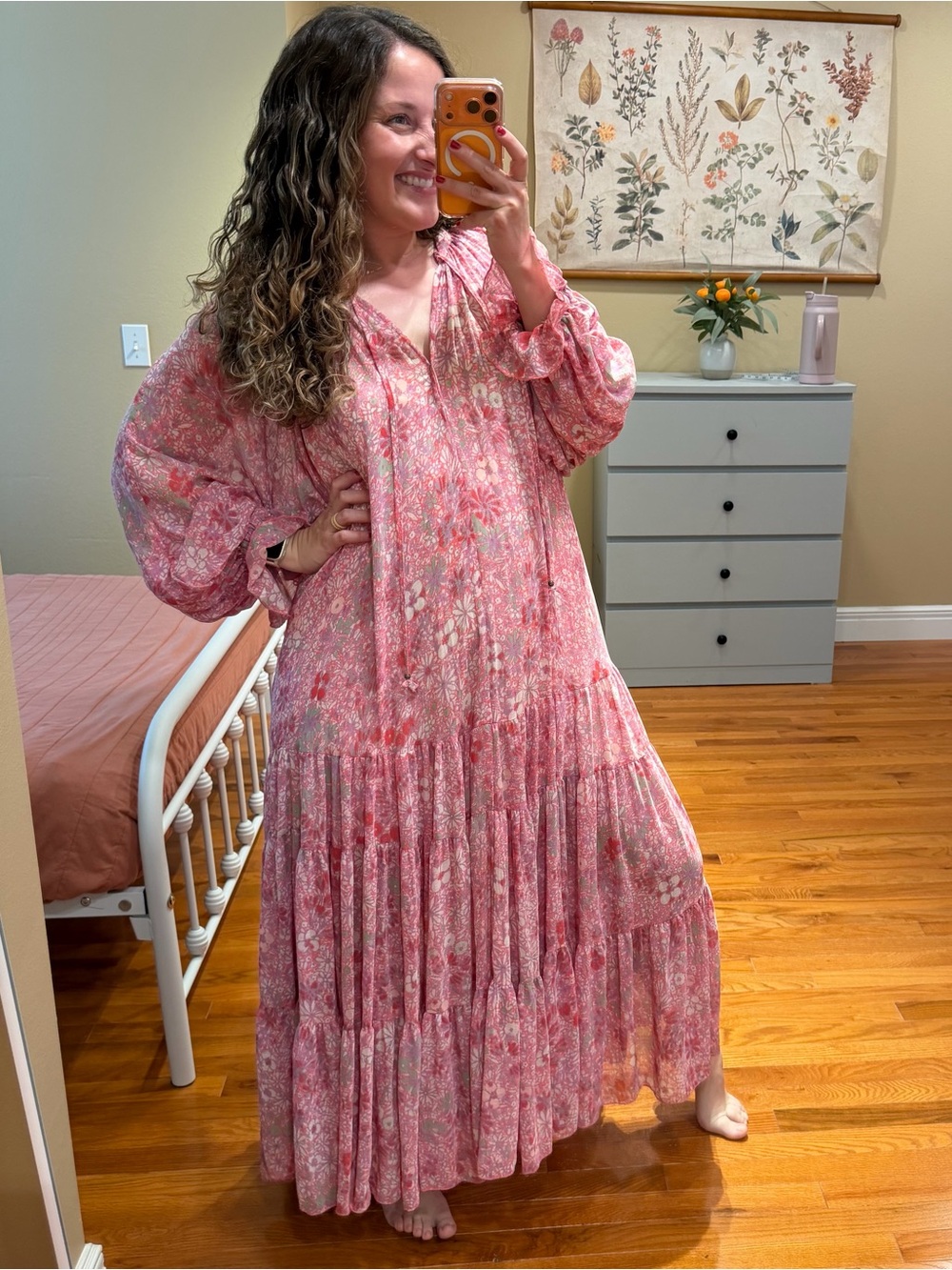 Free People Feelin Groovy Long Sleeve Pink Floral Tiered Maxi Dress Large - Picture 3 of 13